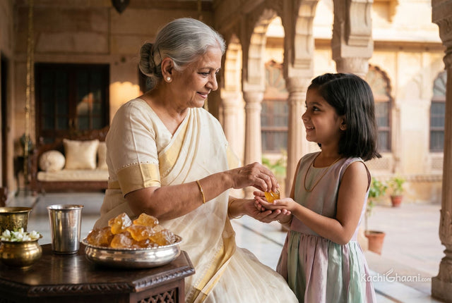 Grandmother placing a crystal of dhaga mishri in her granddaughter's palm on a haveli verandah, a look at mishri benefits
