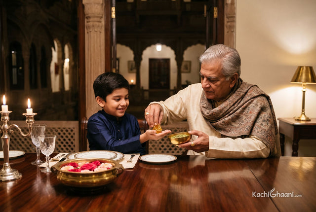 Grandfather tipping thread-strung dhaga mishri crystals and saunf into his grandson's palm, a look at mishri vs sugar