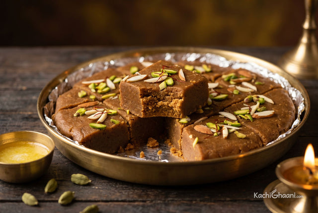 Mohanthal, thick matte squares of dark honey-brown besan barfi with a visibly grainy broken edge