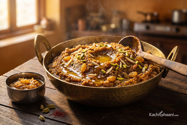 Moong Dal Halwa, deep golden-brown grainy halwa with visible ghee pooling in glossy amber patches