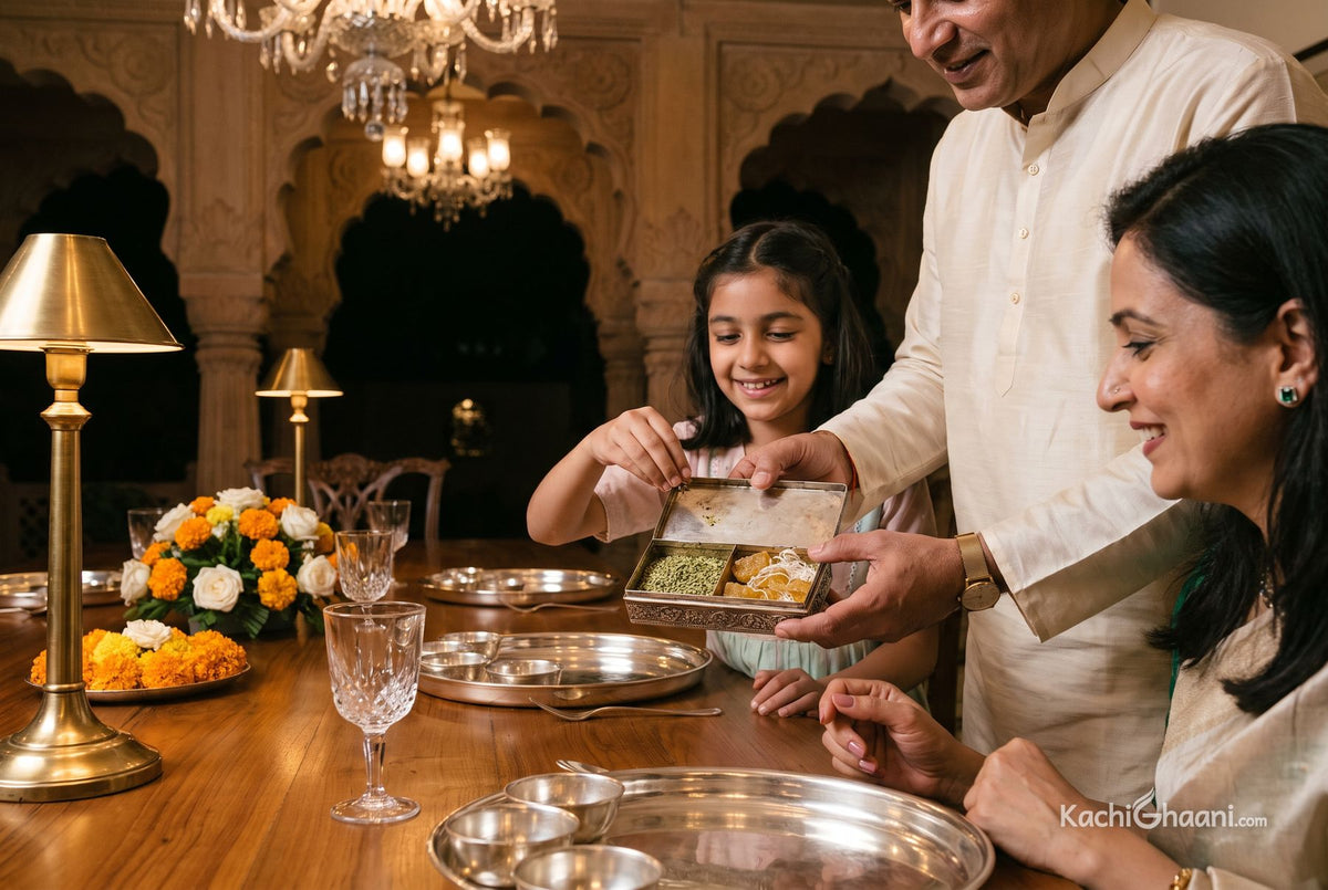 Father offering mukhwas of saunf and mishri from a silver box after dinner as his daughter takes a pinch at an elegant family table