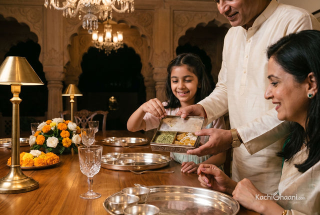 Father offering mukhwas of saunf and mishri from a silver box after dinner as his daughter takes a pinch at an elegant family table