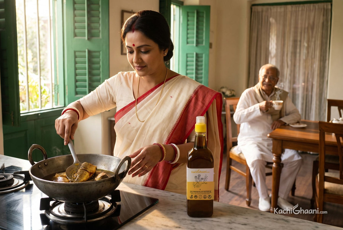 Bengali woman frying fish in mustard oil as her father waits at the table, the everyday use behind mustard oil benefits