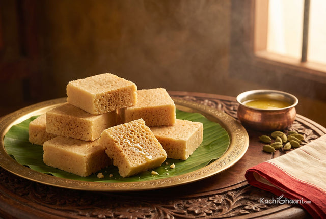 Golden porous Mysore pak cut into neat diamonds and stacked on a festive plate