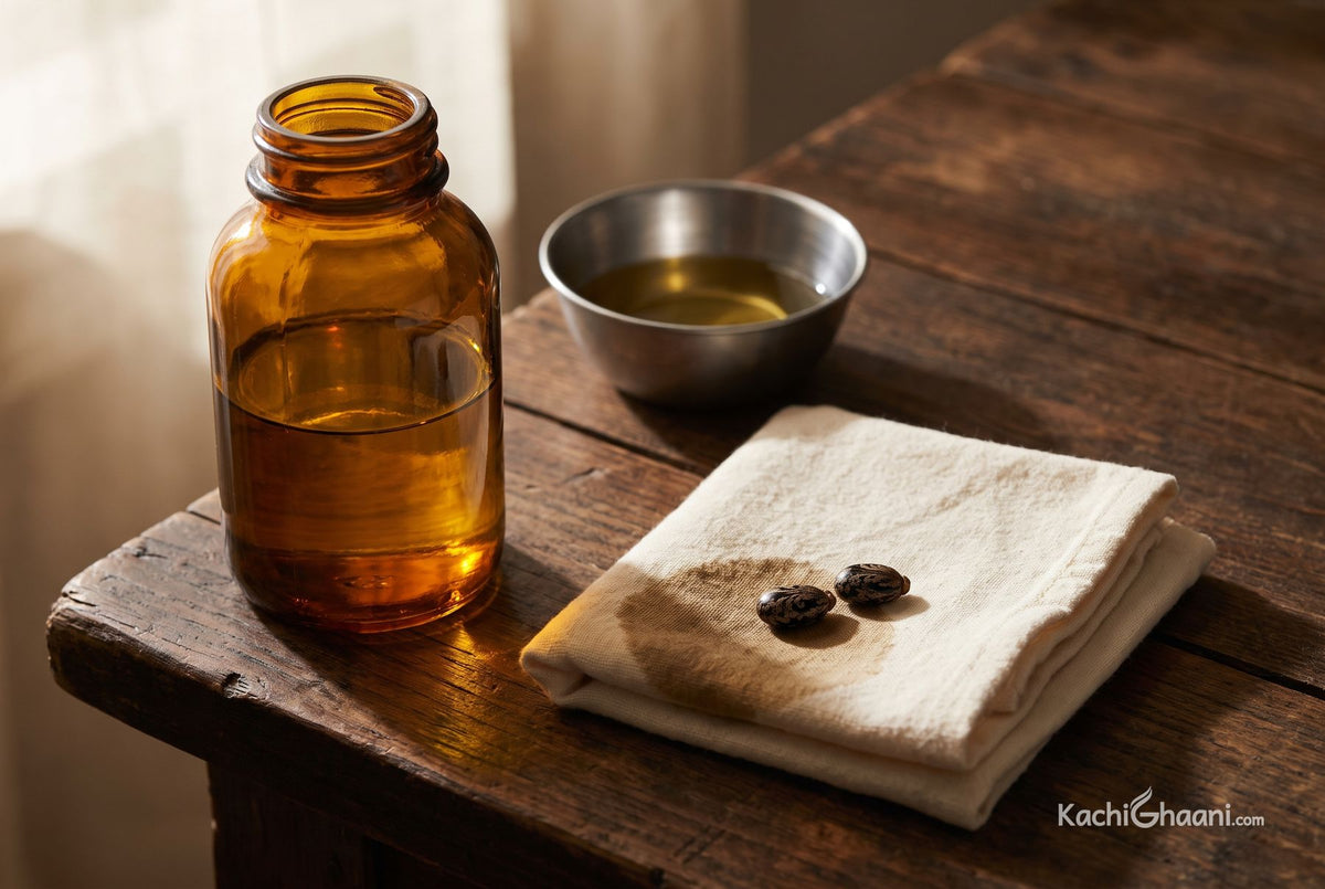 Myth vs fact, a heavy amber glass bottle of castor oil, thick and slow