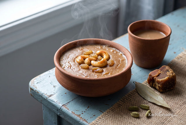 Creamy jaggery rice payesh in an earthen bowl, finished with chopped nuts