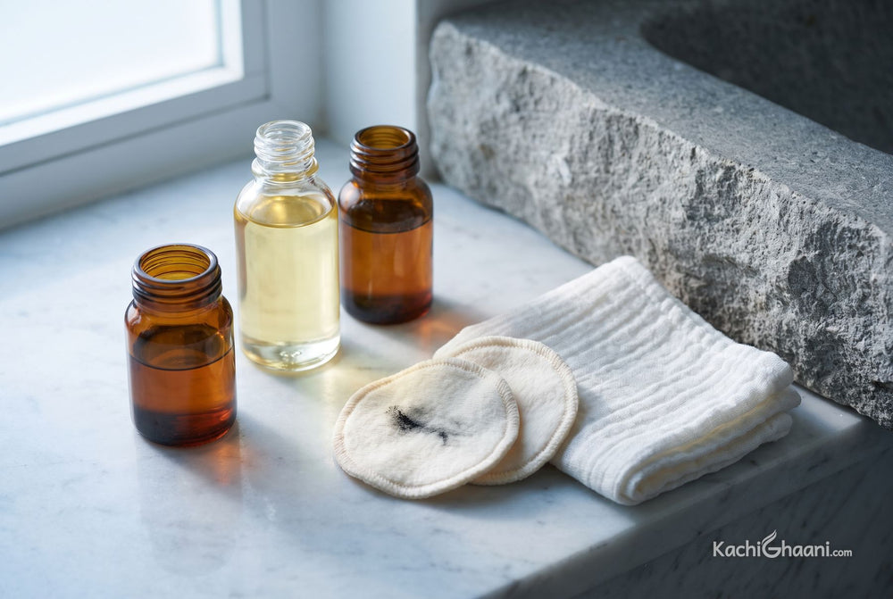 Taking off makeup with oil, a small clear glass bottle of pale golden almond oil beside a shallow amber glass bottle of darker