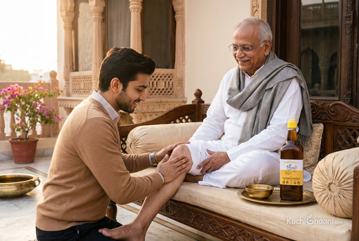 Grandson massaging warm mustard oil into his grandfather's knee on a sunny haveli terrace: the winter oil for joint pain ritual