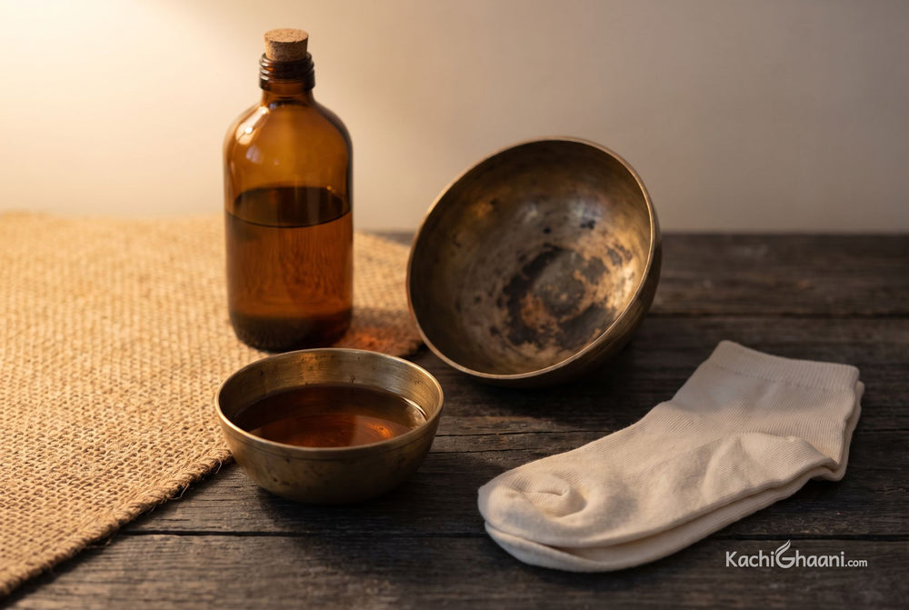 Padabhyanga, a small brass katori holding warm dark sesame oil, an amber glass bottle of the same oil behind it
