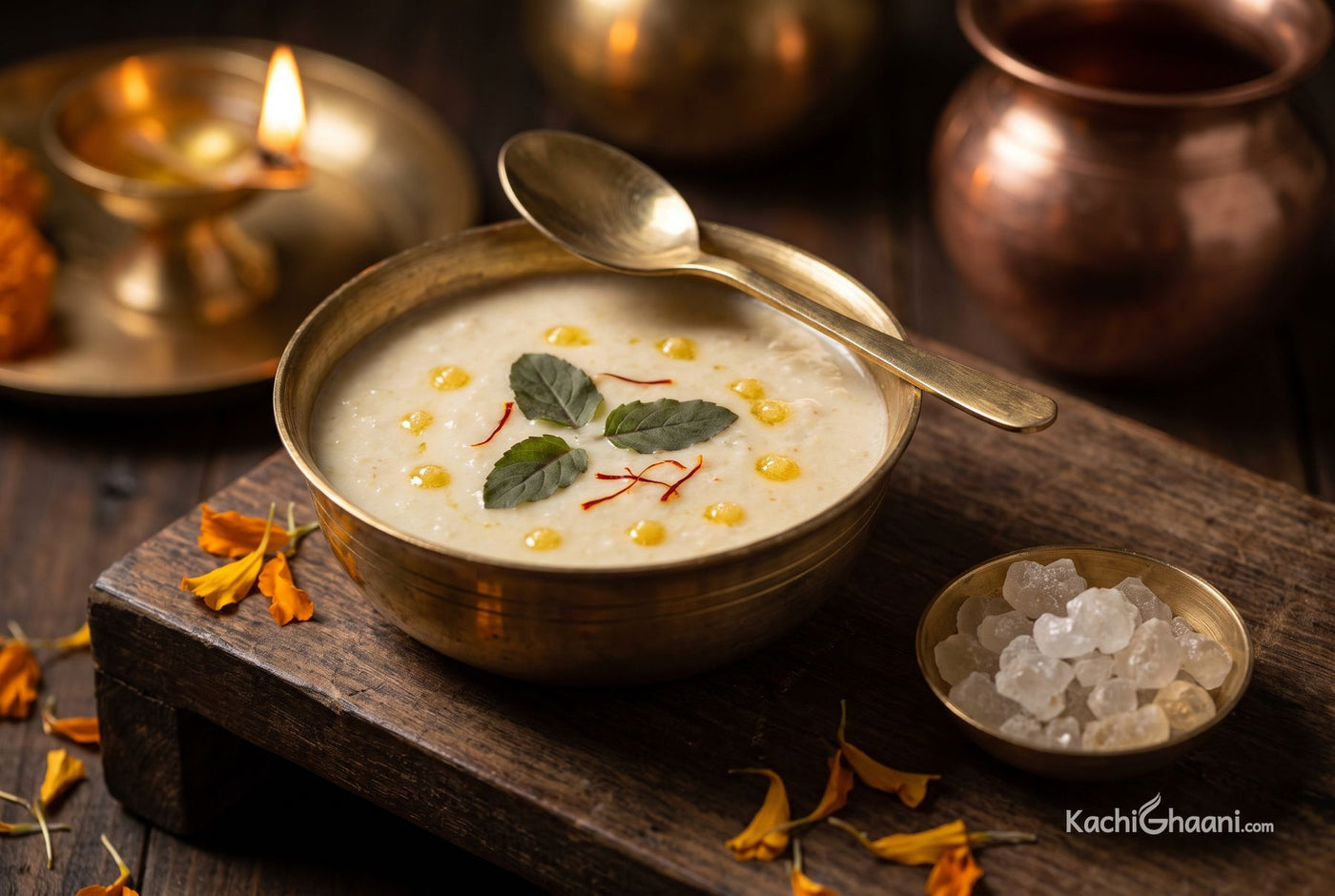 Panchamrit, a small round brass bowl of panchamrit on a dark weathered wooden puja chowki