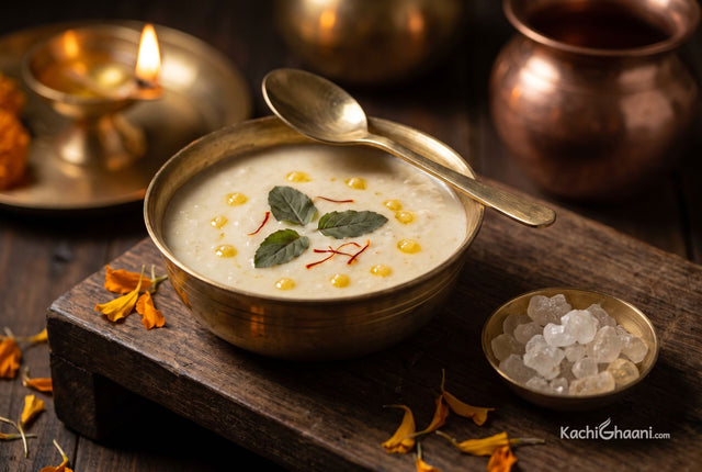 Panchamrit, a small round brass bowl of panchamrit on a dark weathered wooden puja chowki