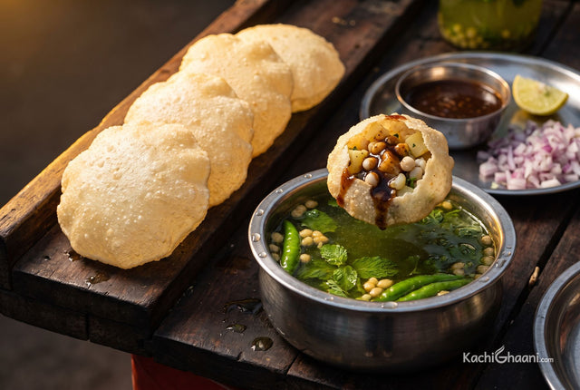 Pani Puri, a row of crisp hollow pale golden rava puris