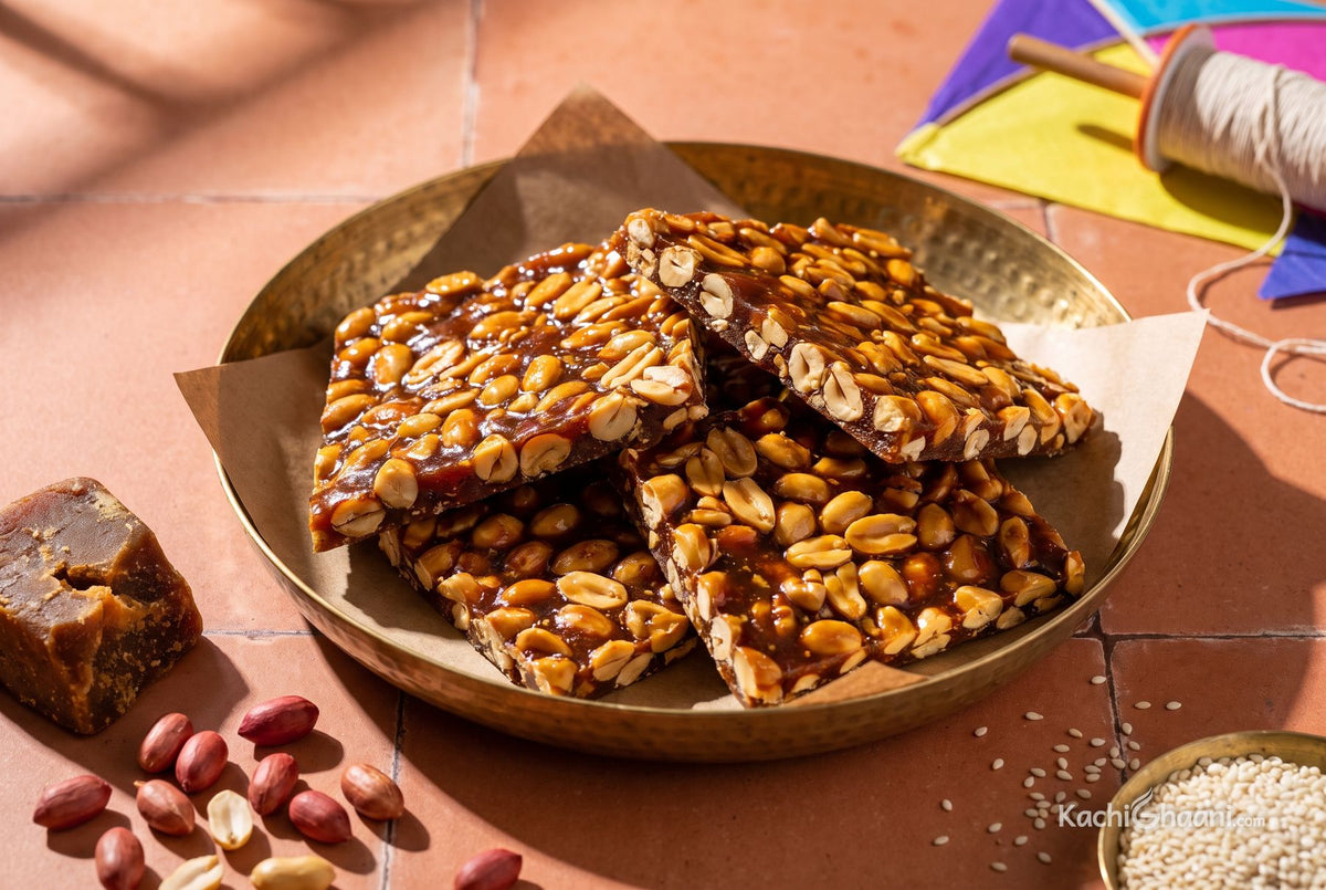 Glassy amber jaggery peanut chikki snapped into rough pieces on a brass plate