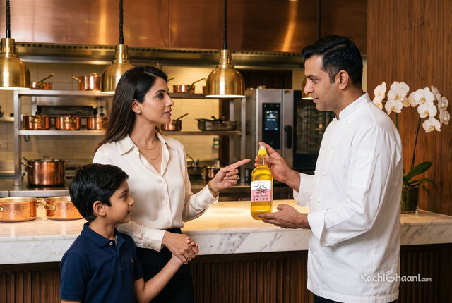 Peanut oil allergy check: a mother asks a chef which oil he uses for her son, and the chef holds up a bottle of groundnut oil
