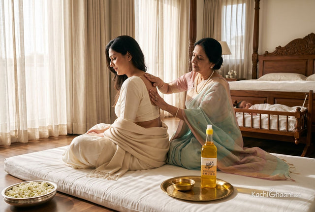 Grandmother giving a new mother a warm sesame oil postpartum massage on a floor mattress as the newborn sleeps in a cradle