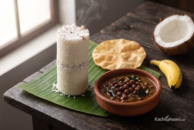 Puttu with Kadala Curry, a warm white cylinder of steamed puttu on a banana leaf