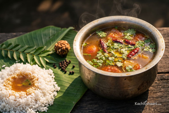 Rasam, a traditional tin eeya chombu filled with thin amber-brown rasam