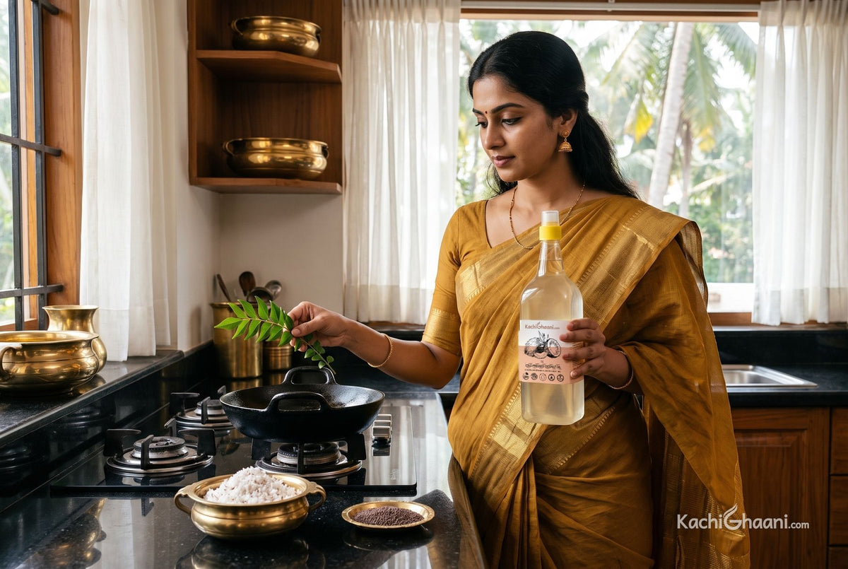 Malayali woman starting a curry leaf tadka in coconut oil in an iron pan, where refined vs unrefined coconut oil matters