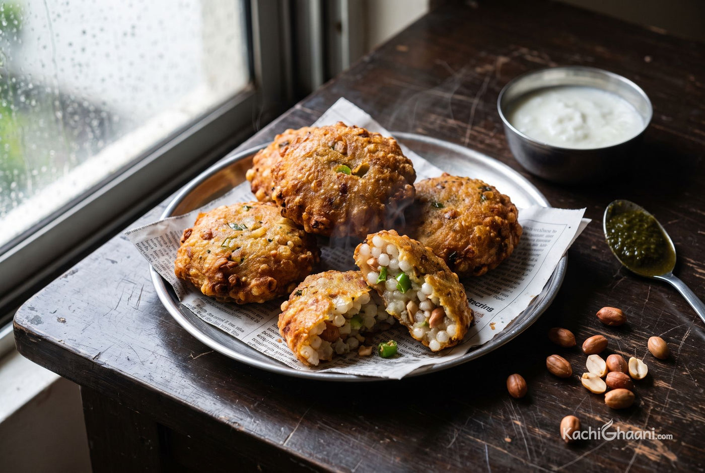 Sabudana Vada, five deep-golden craggy patties with a rough blistered surface