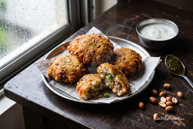 Sabudana Vada, five deep-golden craggy patties with a rough blistered surface
