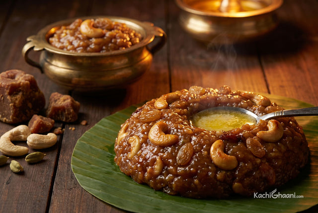 Sakkarai Pongal, dark honey-coloured sakkarai pongal heaped on a banana leaf, soft and glossy