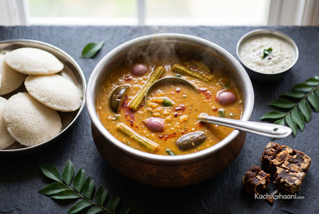 Golden sambar with drumstick and brinjal, served with soft idlis and coconut chutney