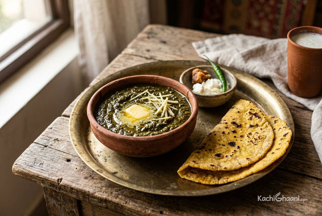 Sarson ka saag in a clay bowl with a spoon of ghee on top, served with makki di roti