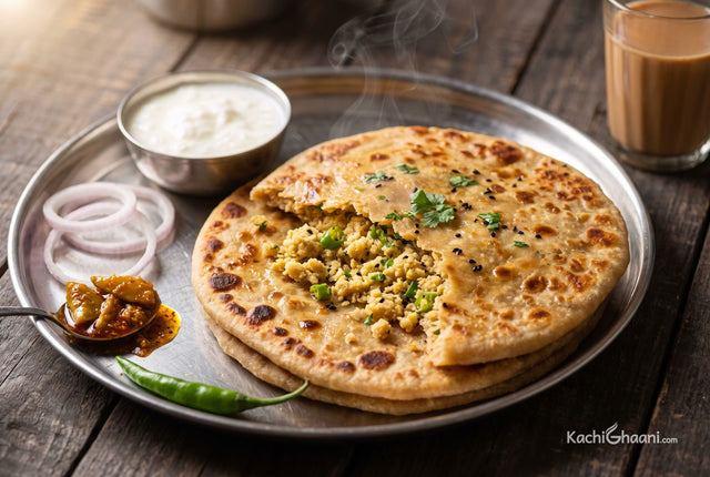 Sattu Paratha, a sattu paratha torn open on a steel plate