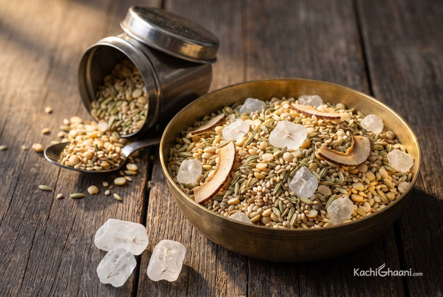 Saunf Mishri Mukhwas, an open shallow brass bowl of saunf mishri mukhwas on a dark weathered wooden table