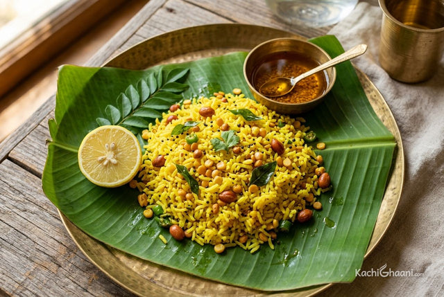 Lemon rice with peanuts and curry leaves on a banana leaf, with a small bowl of sesame oil