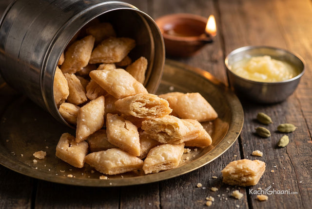 Shankarpali, a heap of small pale golden diamond-shaped fried sweets with flaky broken edges
