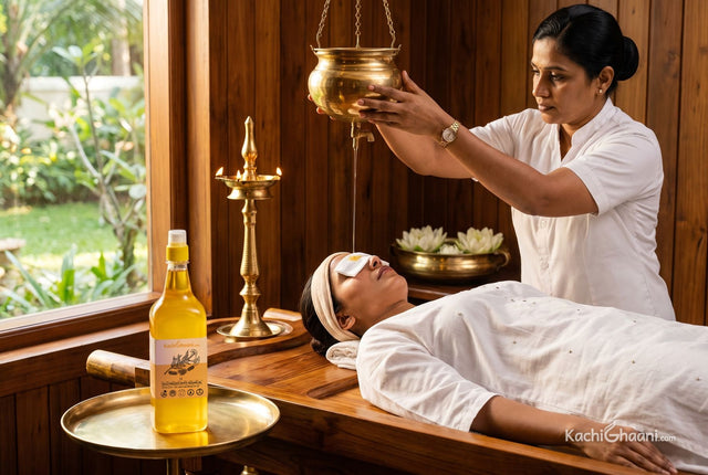 Woman lying on a wooden droni as a therapist pours a thin stream of warm sesame oil from a brass pot across her forehead in shirodhara