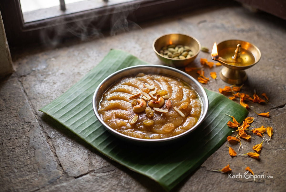 Sooji ka Halwa, glossy deep golden semolina halwa holding soft ridges from the spoon, ghee glistening at the edges