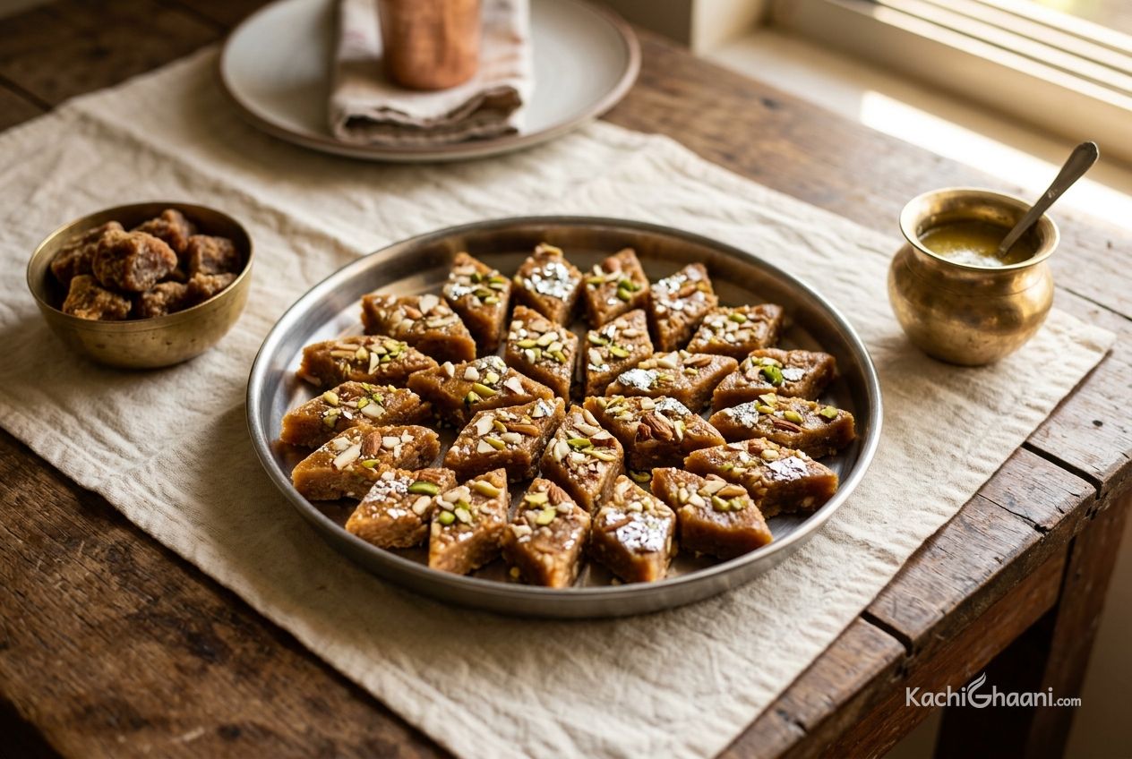 Sukhdi cut into diamonds on a steel thali, topped with almonds and pistachios