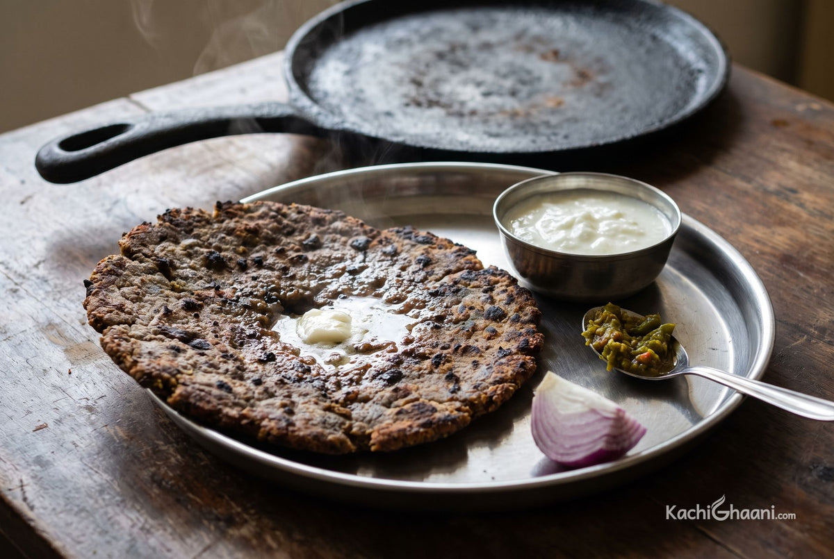 Thalipeeth, one thick hand-patted multigrain flatbread, deep brown with dark speckled blisters and a crisp uneven rim