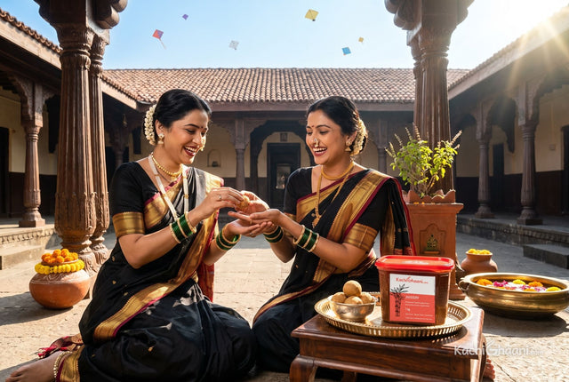 Two Maharashtrian women in black nauvari sarees exchanging til gud laddoos at Makar Sankranti in a Pune courtyard