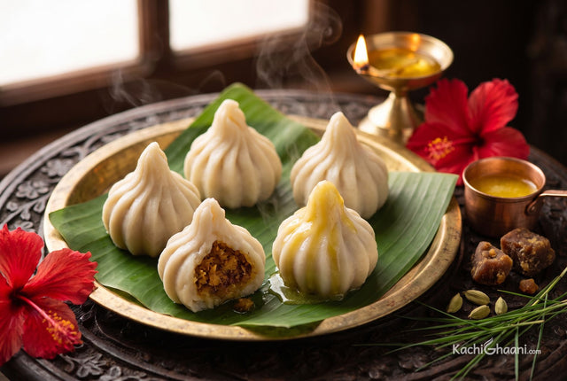 Steamed pleated modak on a banana leaf, one open showing coconut jaggery filling