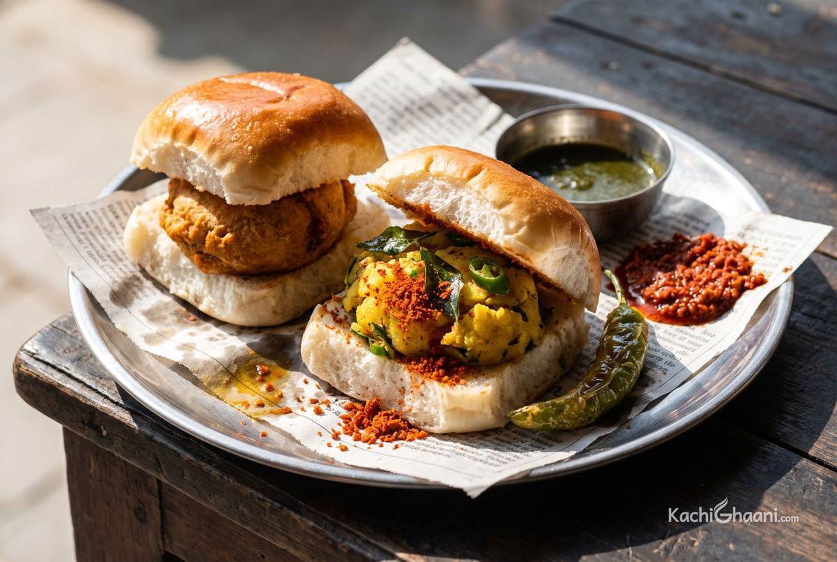 Vada Pav, two soft ladi pav pressed shut around a craggy deep-golden besan-coated potato vada
