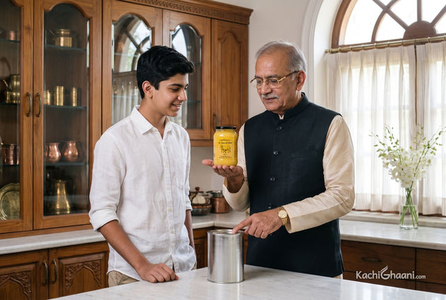 A grandfather presents a jar of desi ghee beside a plain tin of vanaspati, explaining to his grandson why the two differ