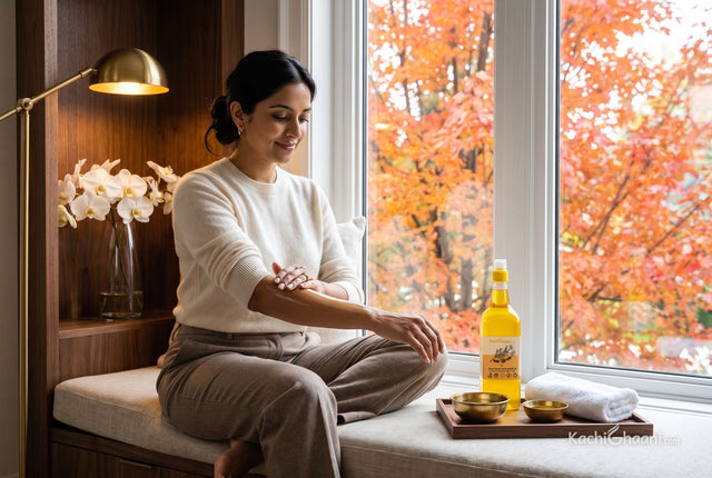 Balancing vata dosha in autumn: an Indian-American woman smooths warm sesame oil on her forearm by a window of maple leaves