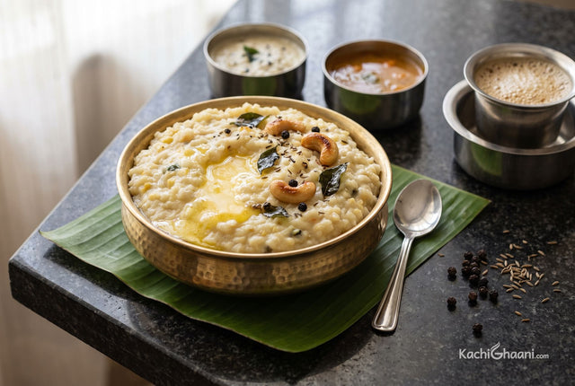 Creamy ven pongal with ghee, fried cashews and black pepper in a brass bowl