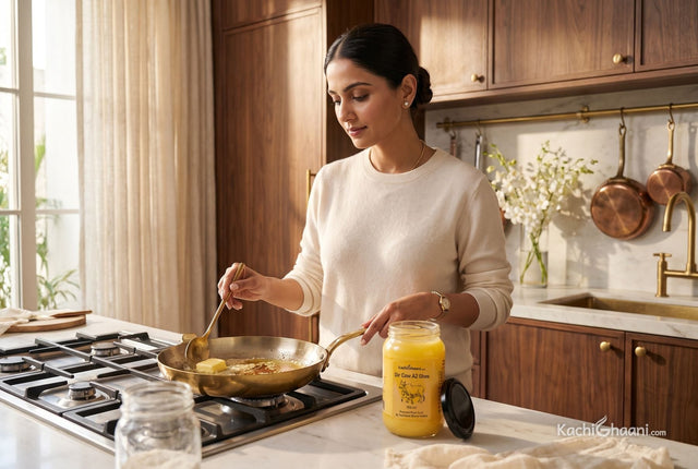 Woman simmering butter into golden ghee in a brass pan beside a jar of A2 ghee: what is ghee, and how is it made