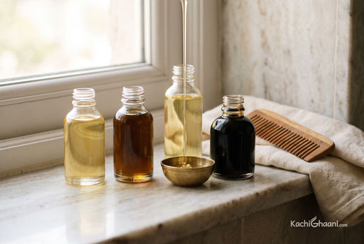 Which oil for your hair, four small glass bottles of hair oil standing in a row on a pale marble ledge — pale gold almond