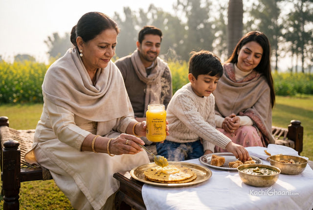 Punjabi grandmother spooning ghee onto makki di roti beside sarson da saag in winter sun, sharing Ayurveda's winter foods