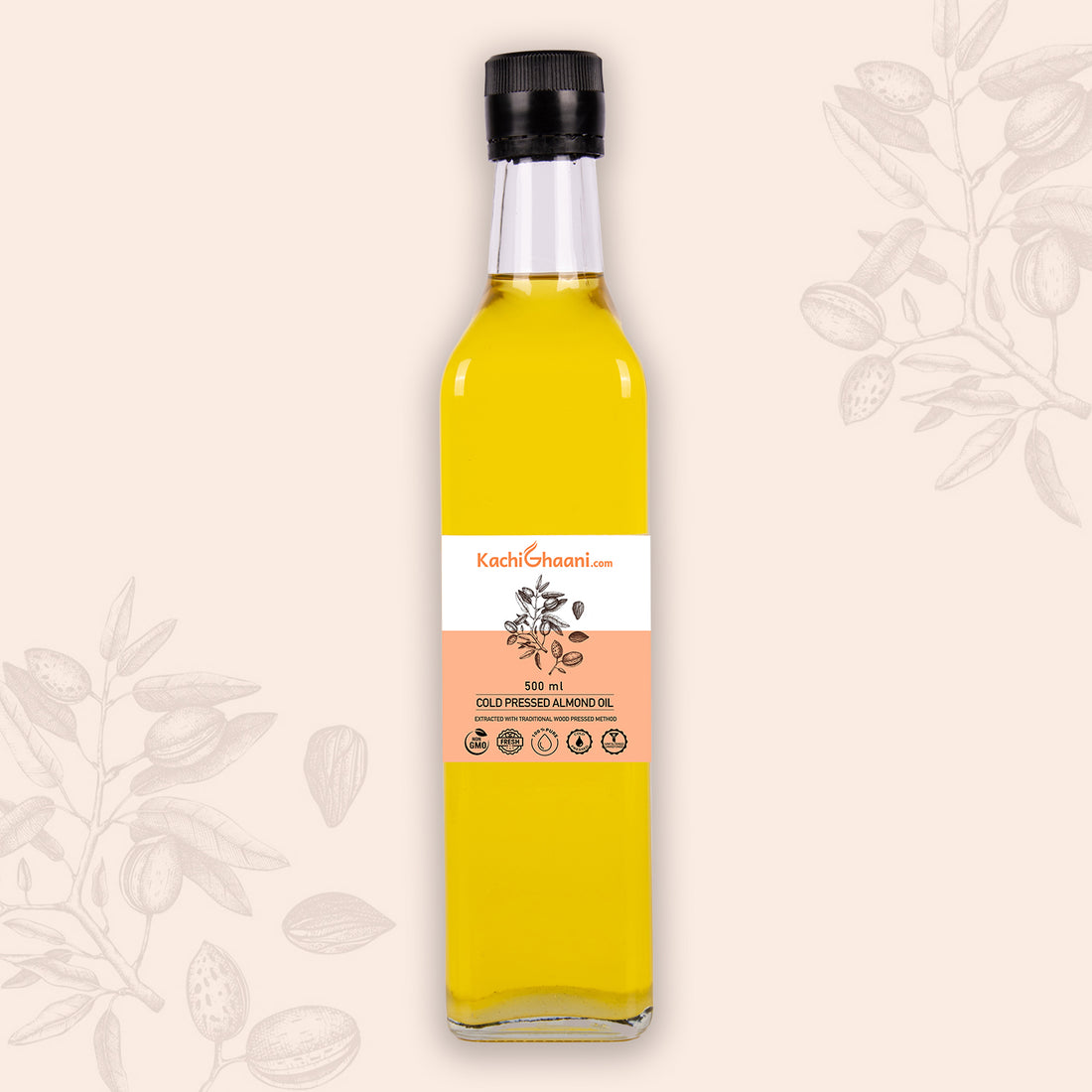 Wooden cold pressed almond oil bottle with raw almonds – KachiGhaani