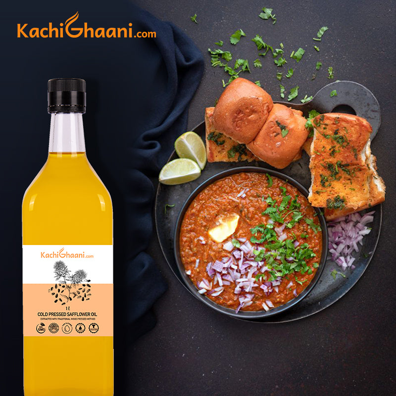 Lab-tested, USFDA-compliant Truly Cold Pressed oil in a KachiGhaani glass bottle